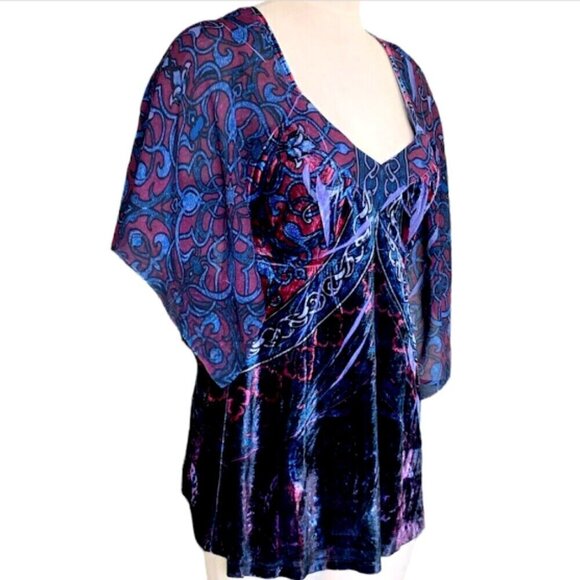 One World BOHO Velvet & Chiffon Kimono Sleeve Tunic Blouse Sz S #303i - Picture 3 of 7